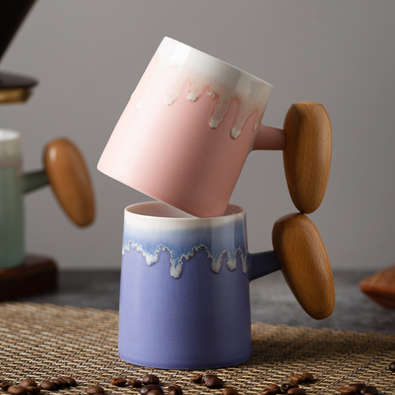 Taza de café con asa de madera retro minimalista nórdico, microondas de cerámica, taza de desayuno, taza de leche, taza, par de tazas