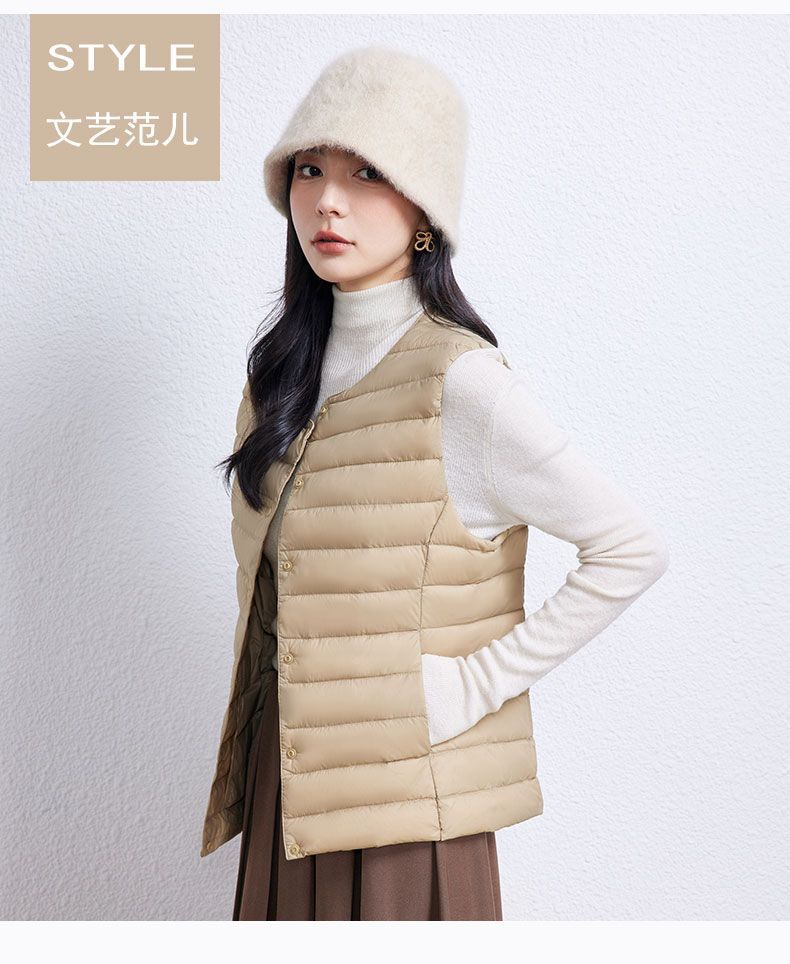 Otoño y invierno nuevo chaqueta ligera de plumón, chaleco de cuello corto de cuello redondo sin cuello ligero chaleco de color sólido