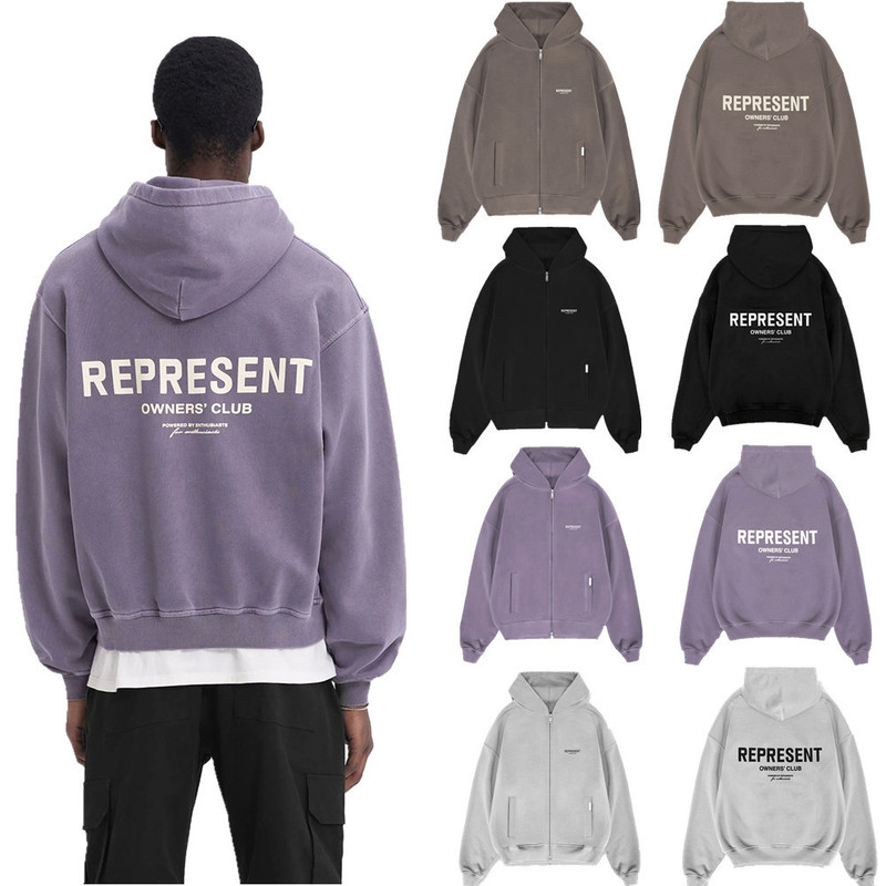 REPRESENT ICON Fashion Brand Minimalist Slogan Logo Printing Casual Hooded Zipper Sweater Men's and Women's Hoodie
