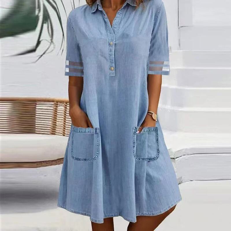 2026 New Model Amazon Aliexpress Denim Washed Mesh Short-Sleeve Pocket Shirt Dress Yx2026043