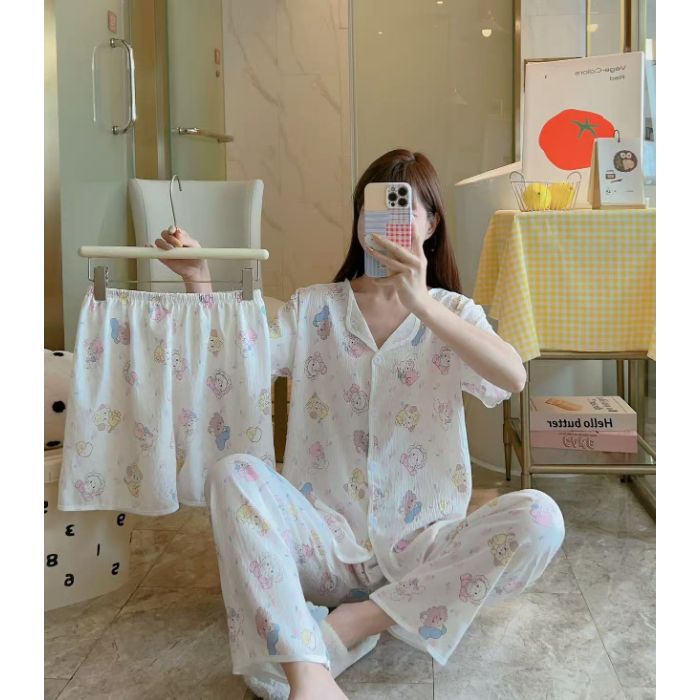 Cardigan transfronterizo al por mayor, pantalones de manga corta, pantalones cortos, pijamas de mujer de tres piezas, servicio a domicilio de solapa pequeña de verano