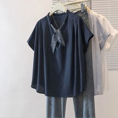 純綿大きいサイズ韓国ネクタイスプライシング半袖 Tシャツ女性のための 2025 夏の新しいルーズ痩身多用途トップス女性のための