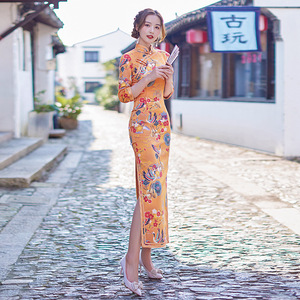 Yellow floral printed Chinese dress oriental cheongsam for womn Suede photos shooting miss etiquette model show cheongsam host singers Chinese style dress