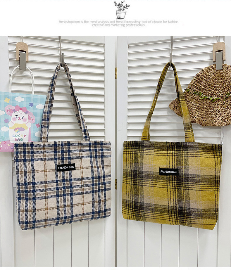 Girls' Japanese-style checkered shopping bags, zipper canvas bags, girls' Korean-style large-capacity student tote bags for class undefined