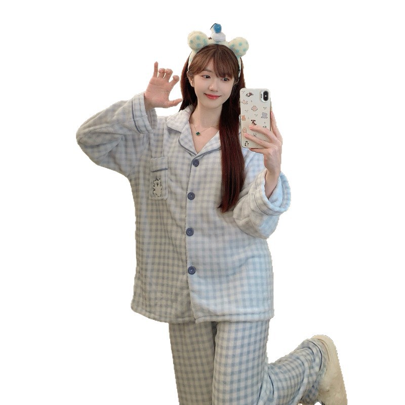 法兰绒睡衣女款秋冬季可爱小狗卡通加厚保暖长袖套装家居服可外穿|undefined