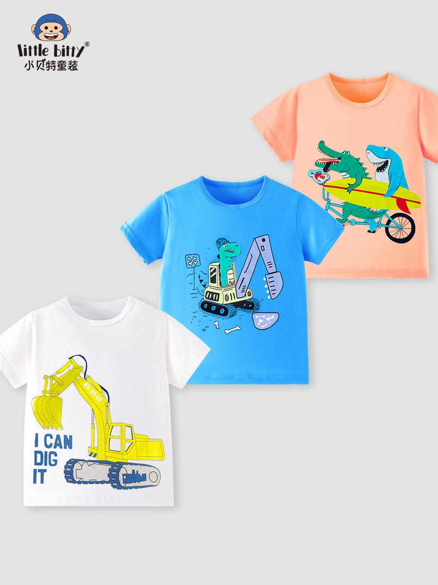 Cross-border supply 2026 spring-summer children's short-sleeve T-shirt with cartoon animal and car print, round-neck top for toddlers and young children