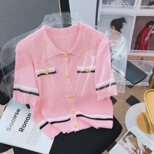 2026春夏新款短袖条纹拼色上衣拼接甜美翻领修身简约针织开衫女