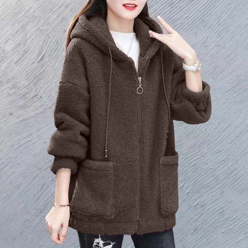 Lambskin Sweater Women's fleece-lined Thickened New Autumn and Winter Loose Hooded Korean Style Zipper Pocket Cardigan Thickened Jacket Lambskin Sweater Women's fleece-lined Thickened New Autumn and Winter Loose Hooded Korean Style Zipper Pocket Cardigan Thickened Jacket