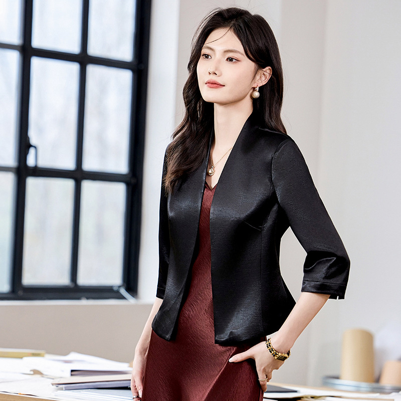黑色西装外套女七分袖2025新款春季醋酸缎面通勤内搭连衣裙两件套|undefined