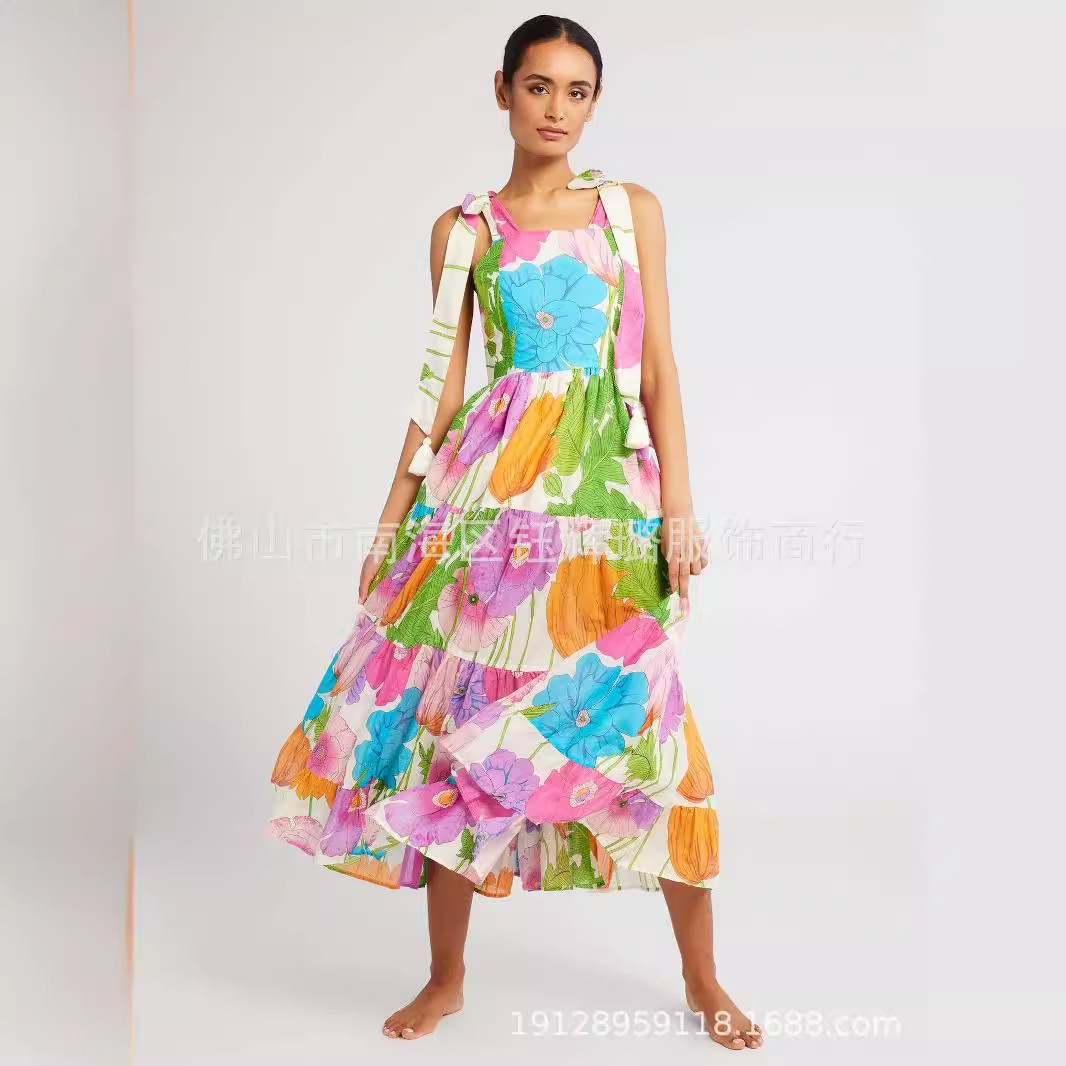 2024 New Summer Style Tube Top Backless Suspender Skirt Retro Printed Long Skirt Cross-Border Foreign Trade Amazon Style for Women