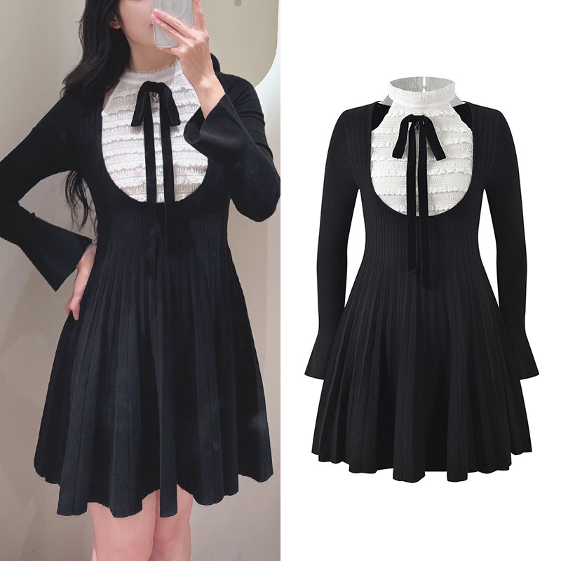 2025 Autumn/Winter New French Style Socialite Chic Off-Shoulder Color-Block Slim-Fit Knitted Dress