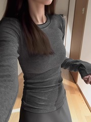 韩系圆领正肩长袖t恤女秋冬德绒磨毛加厚内搭打底衫修身收腰上衣1