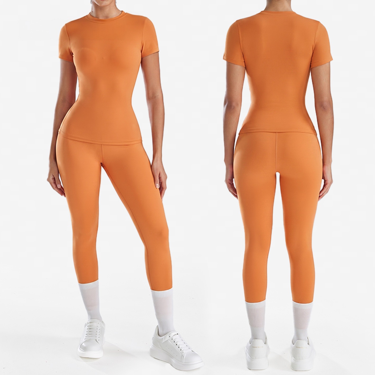 Cross-border bestseller: Nude-feel short-sleeve yoga two-piece set for women, round-neck tight pants, peach butt Pilates fitness outfit