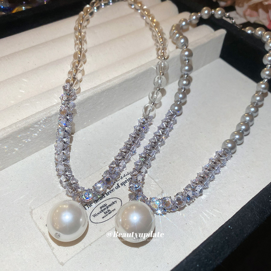 Nuevo collar colgante de diamantes de perlas grises de estilo europeo y americano, cuentas femeninas, diseño simple de lujo ligero, cadena de clavícula de todo fósforo, collar