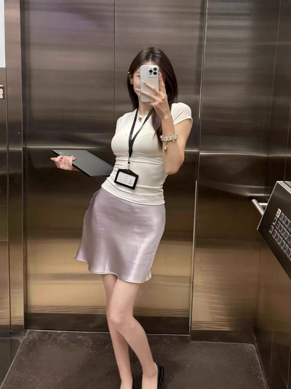 法式温柔风浅紫色缎面半身裙女2025夏季高腰显瘦百搭垂感字短裙子|undefined