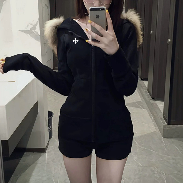 魔西女王深灰色连帽修身卫衣毛领外套秋冬美式高端拉链连帽衫女装|undefined