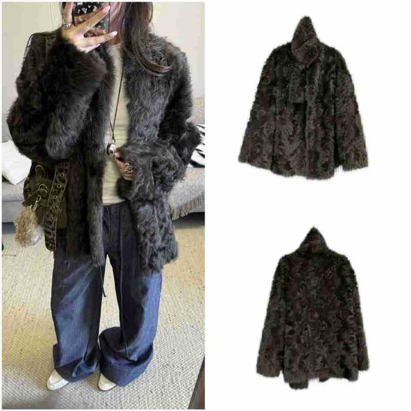 Direct Supply of Eco-Friendly Sheepskin V-Neck Fur Coat, Elegant Ladylike Style, Long Loose-Fitting Outerwear