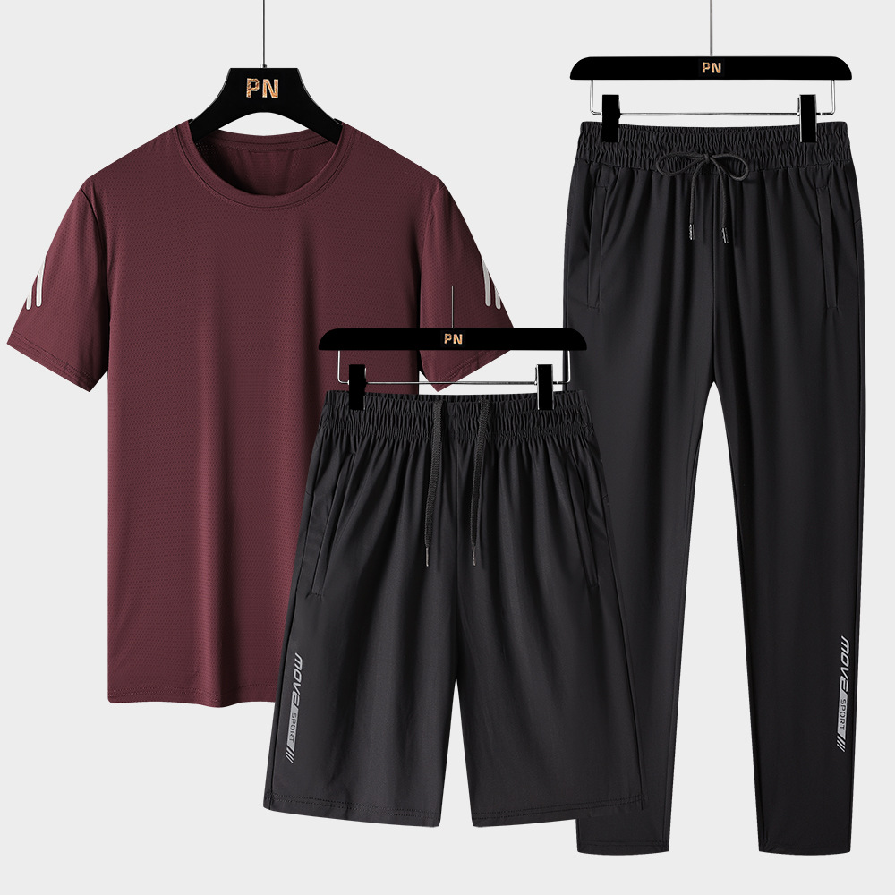 2024 Summer new pure cotton men's casual sports suit round neck loose T-shirt fifth pants trousers three pieces
