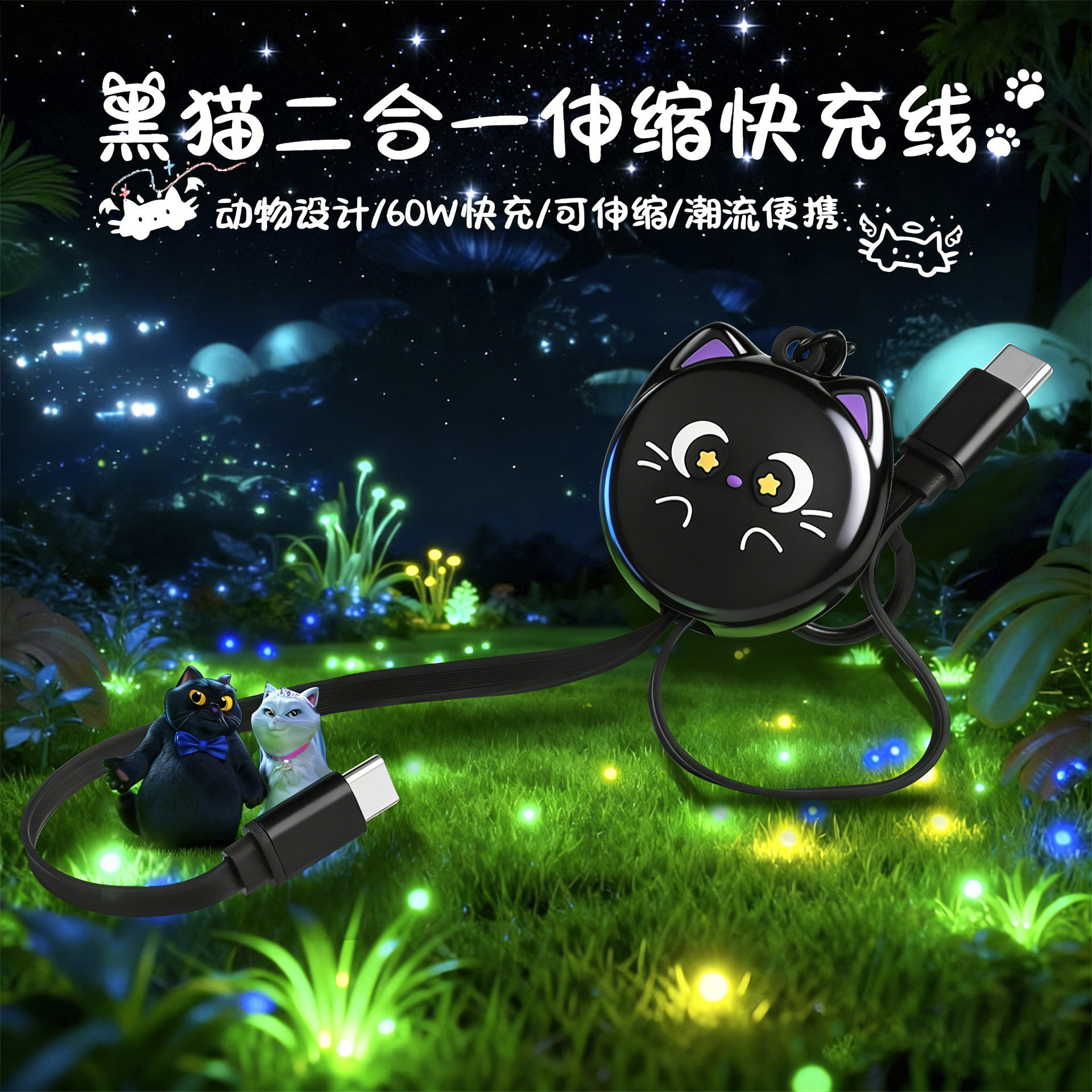 卡通黑猫伸缩双头typec数据线快充60w 钥匙扣可爱迷你便携充电线