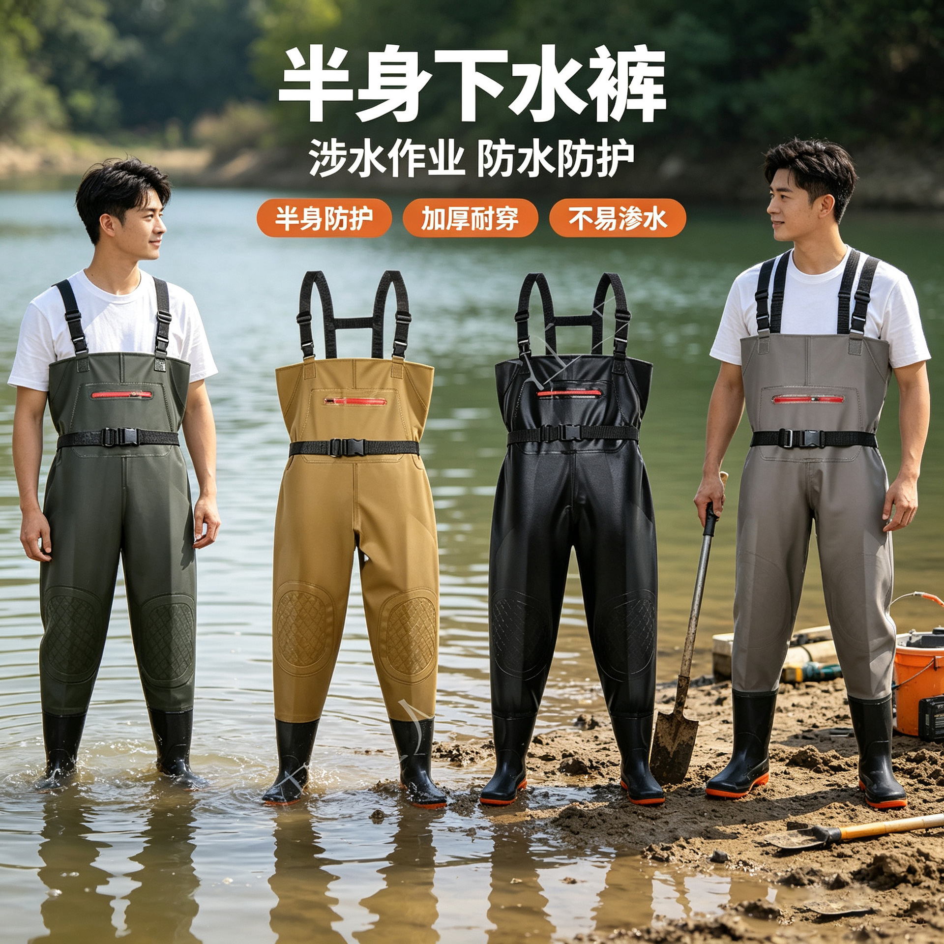 Manufacturer's Half-Body Wading Pants, Thickened Rain Pants, Wader Pants with Suspenders, Waterproof Fishing Shoes, One-Piece Wading Pants, Fishing Clothing