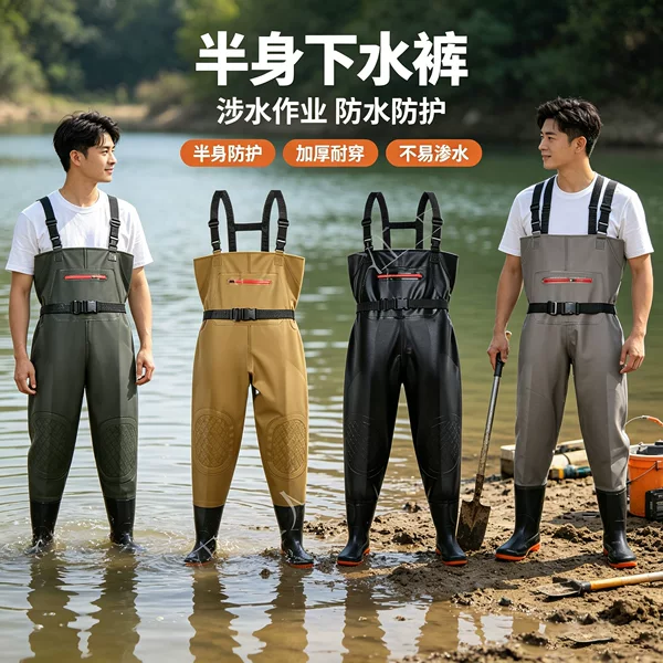 Manufacturer's Half-Body Wading Pants, Thickened Rain Pants, Wader Pants with Suspenders, Waterproof Fishing Shoes, One-Piece Wading Pants, Fishing Clothing