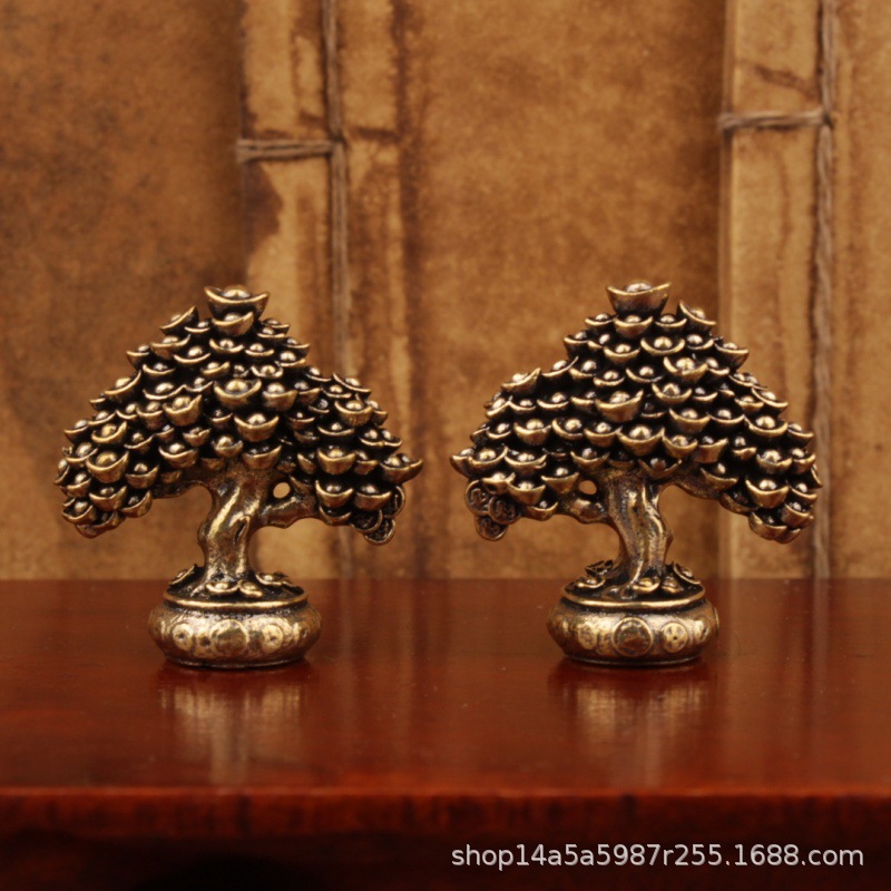 黄铜摆件金钱元宝发财树招财摆件中式创意工艺品小摆件黄铜摆件