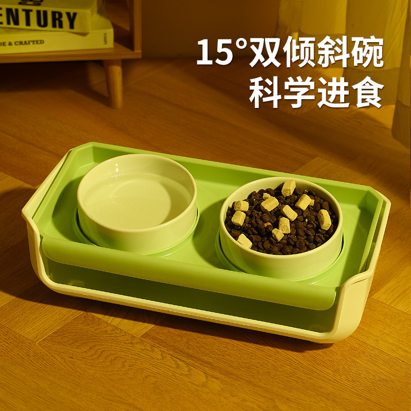 Suministros para mascotas transfronterizas tazón de gato al por mayor de cerámica doble tazón oblicuo boca tazón de comida para gatos tazón de perro antidetonante tazón de mascota ajustable