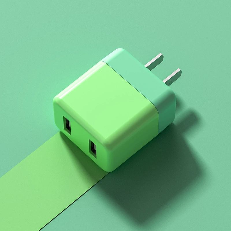 Зарядное устройство (совместимо с Apple, Huawei) USB 5V 2A двойной порт, красочный адаптер для стены с кабелем 1–2 м