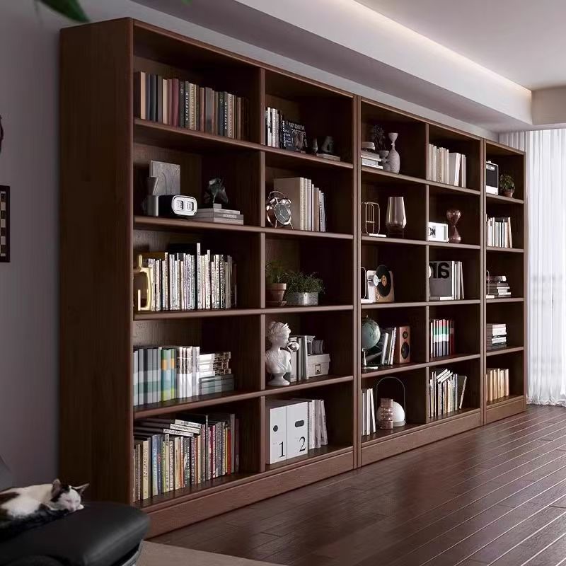 All Solid Wood Home Bookshelf in Walnut Color, Integrated Wall-To-Ceiling Floor-Standing Storage Rack, Wall-Mounted Living Room Storage Combination Bookcase