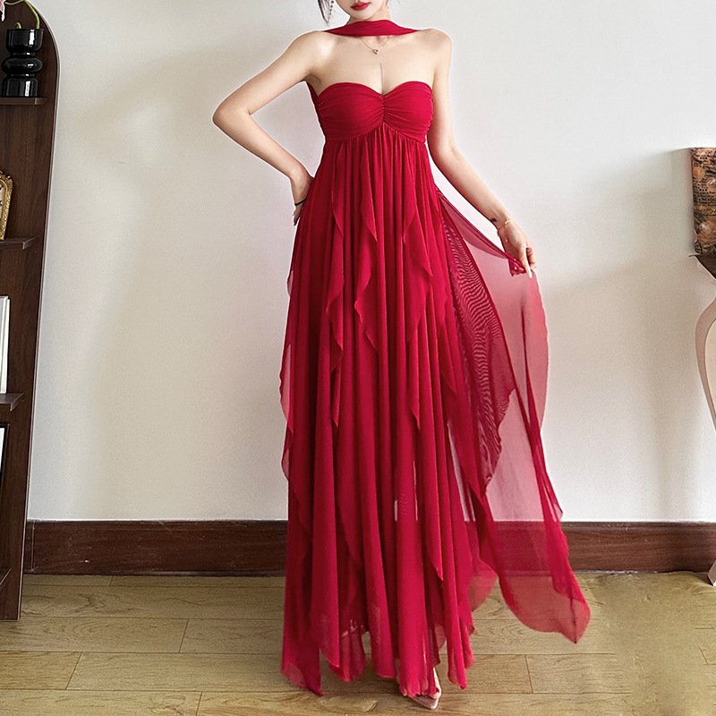 2025 Cross-Border French Halterneck Chiffon Dress Sexy Chest-Wrapped Backless Irregular Ruffle Dress Long Skirt