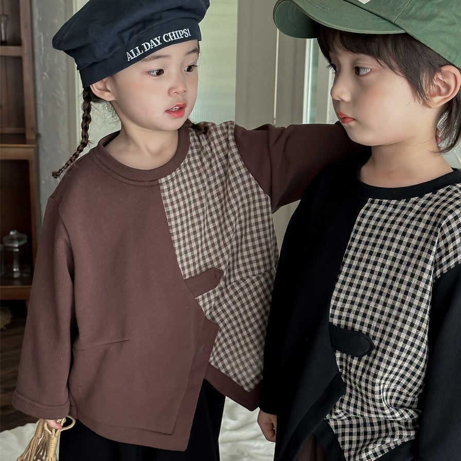 Jiaye Children's Products 2024 Children's Spring Plaid Splicing Sweater Men's and Women's Baby AB Slit Top Round Neck Pullover