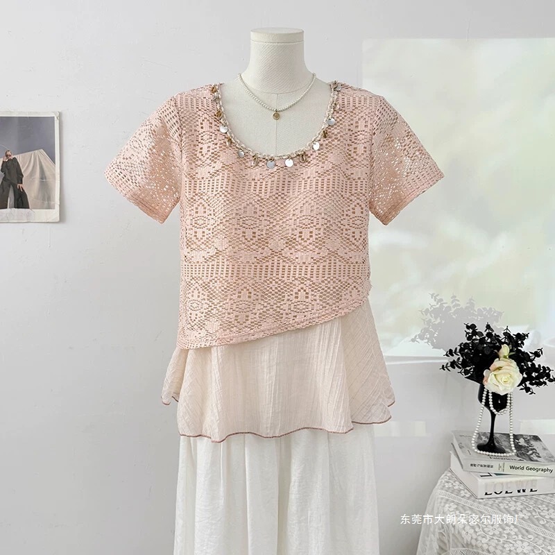 Sparkling sequin lace patchwork ruffled hem round neck sweet top women's short-sleeve knit sweater summer 2026 thin style