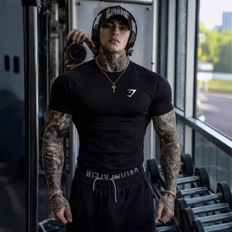 Gymshark Fitness Short-Sleeved Men's Summer Sports Cycling High-Elastic T-Shirt Quick-Drying Clothing Tight-Fitting Training Clothing Trendy Gymshark Fitness Short-Sleeved Men's Summer Sports Cycling High-Elastic T-Shirt Quick-Drying Clothing Tight-Fitting Training Clothing Trendy