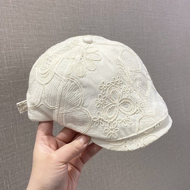 薄い刺繍入りフラワーフロントハット女性用春と夏の新しいレトロな多用途の小さなアヒルの舌ベレー帽通気性|undefined