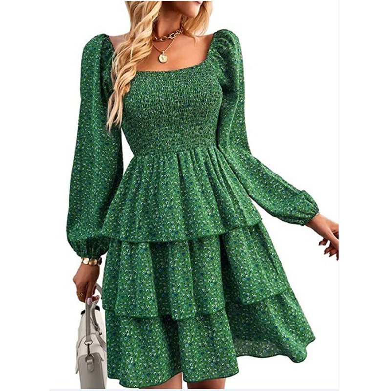 Amazon new ins women's square collar blouse long sleeve high waist floral elegant mini pleated party dress Amazon new ins women's square collar blouse long sleeve high waist floral elegant mini pleated party dress