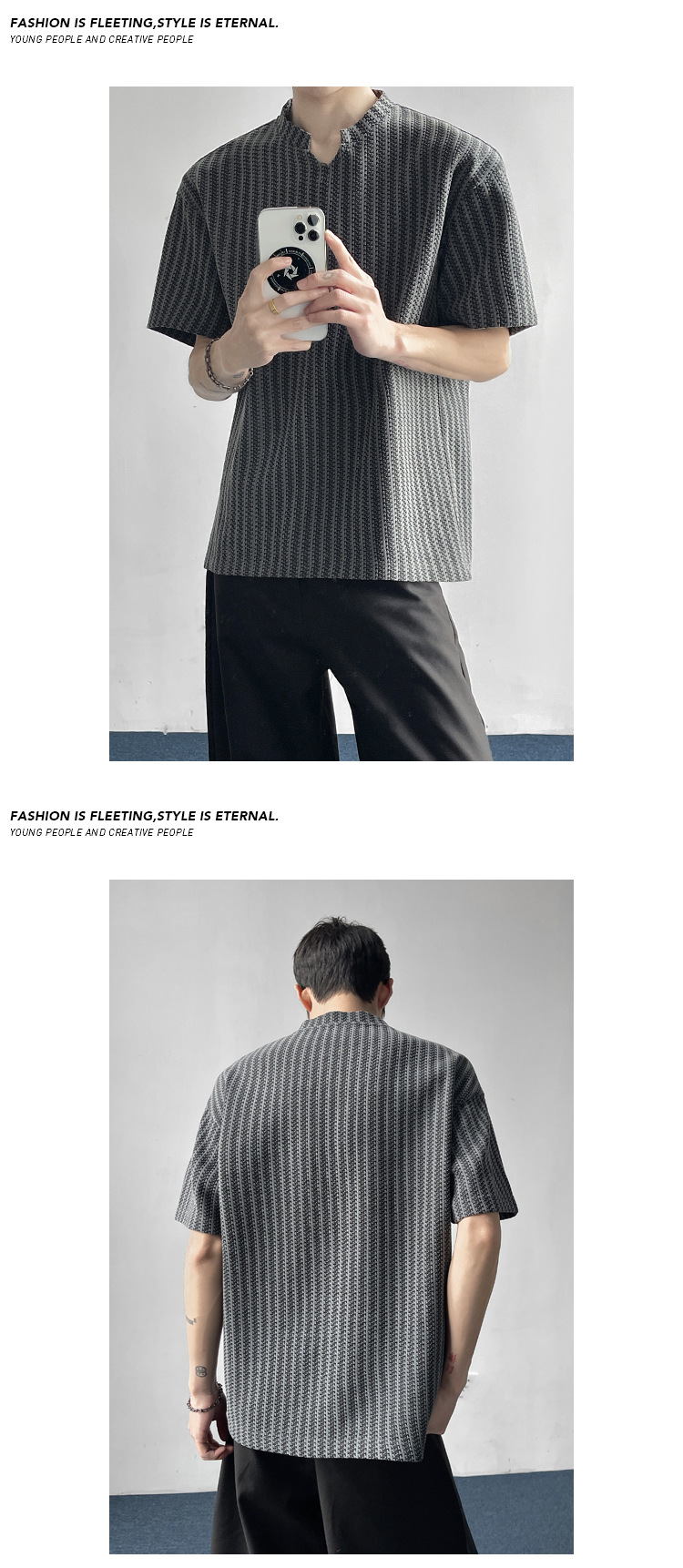 Herringbone Pattern V-neck T-shirt For Men Loose Fit Summer Style_voghion.com