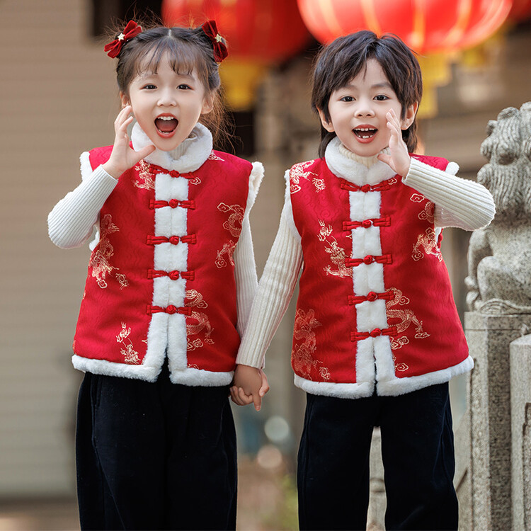 儿童冬款汉服马甲宝宝唐装背心国风龙年新年拜年服幼儿园演出服潮