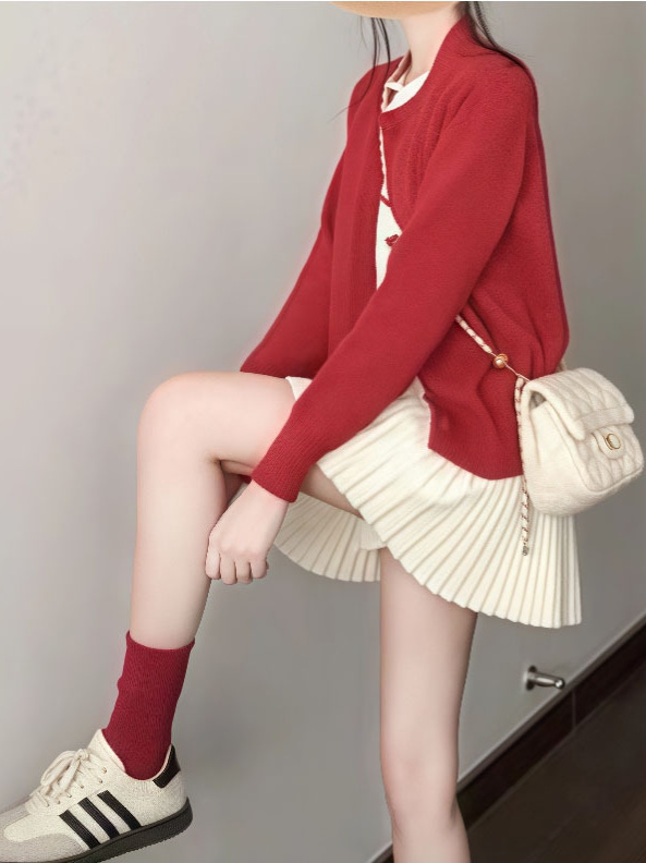 一整套入秋ootd穿搭独特好看红色假两件针织毛衣半身裙两件套装|undefined