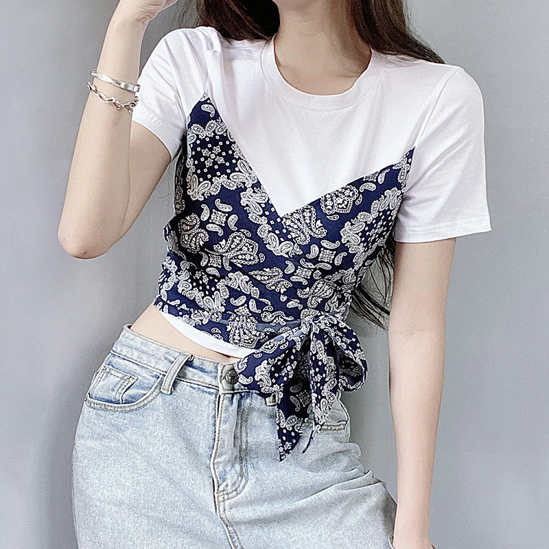 Splicing retro print side bow tied T-shirt NSLQ47673