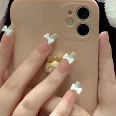 A white butterfly bow drill nail art, wearing a touch of green, cute and gentle style, detachable nail art, wholesale nail set
