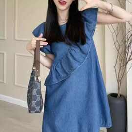 特大码300斤胖妹妹法式无袖荷叶边牛仔连衣裙女夏季宽松显瘦裙子