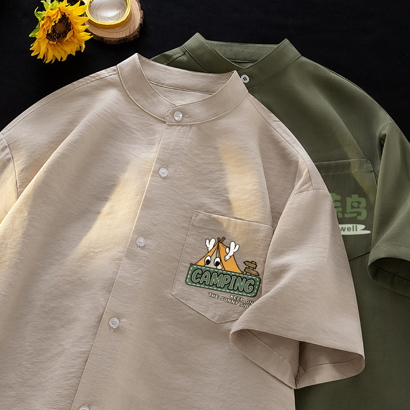 Japanese Retro Stand-Up Collar Short-Sleeved Shirt Imitation Linen Casual Fun Printed Top Summer Thin Loose Men's Shirt