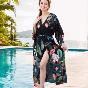 Rayon Peacock Print Summer Sun Protection Cover-Up Vacation Cardigan Bikini Plus Size Cover-Up Cross-Border Amazon