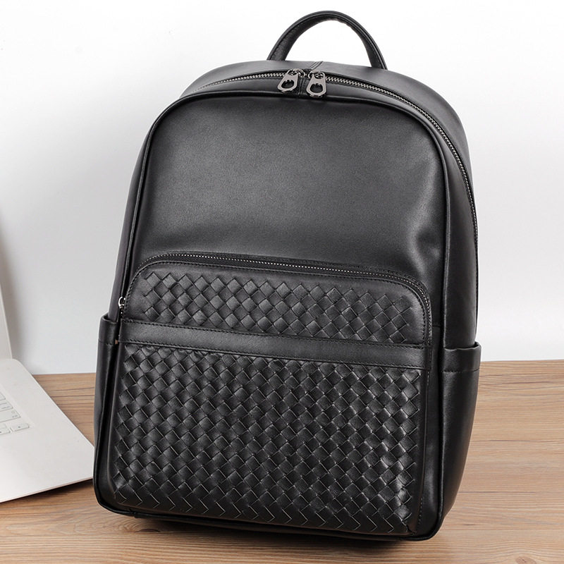 Ba lô da bò thật dệt tay nam, balo đựng laptop 15,6 inch đa chức năng đi làm du lịch — Màu đen