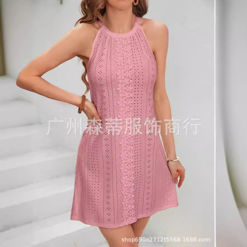 Amazon cross-border foreign trade women's 2024 summer new fashion slim sleeveless eyelet sling dress women