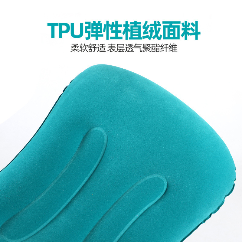 Almohada de viaje inflable, almohada de cuello portátil, flocada, inflado automático al presionar, cómoda para viajar, almacenar, dormir, a prueba de fugas
