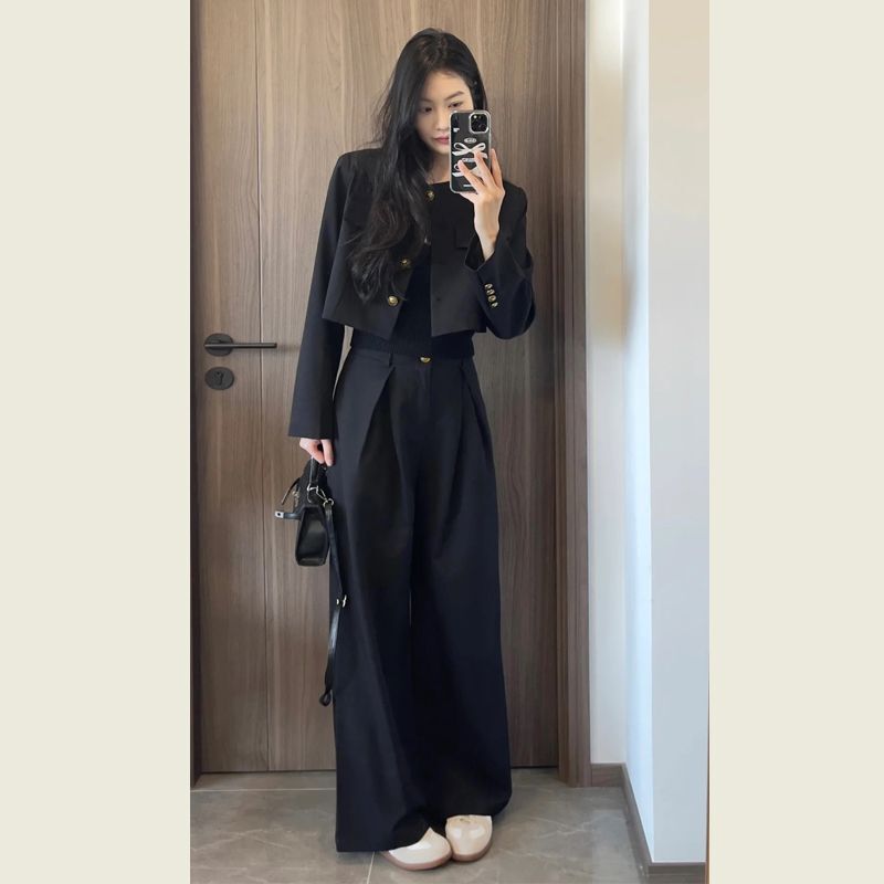 气质套装女2025春秋季新款时尚短款西装外套上衣高腰直筒裤两件套|undefined