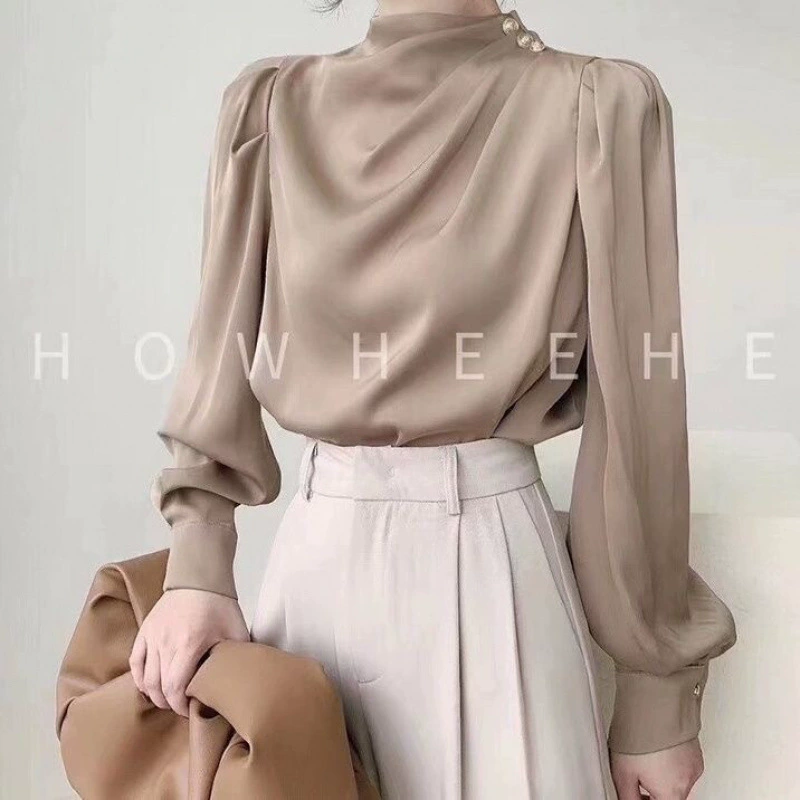 Женская рубашка с уникальным дизайном, винтажный гонконгский стиль, атласный ацетат, профессиональный и модный топ с воротником-стойкой на осень.