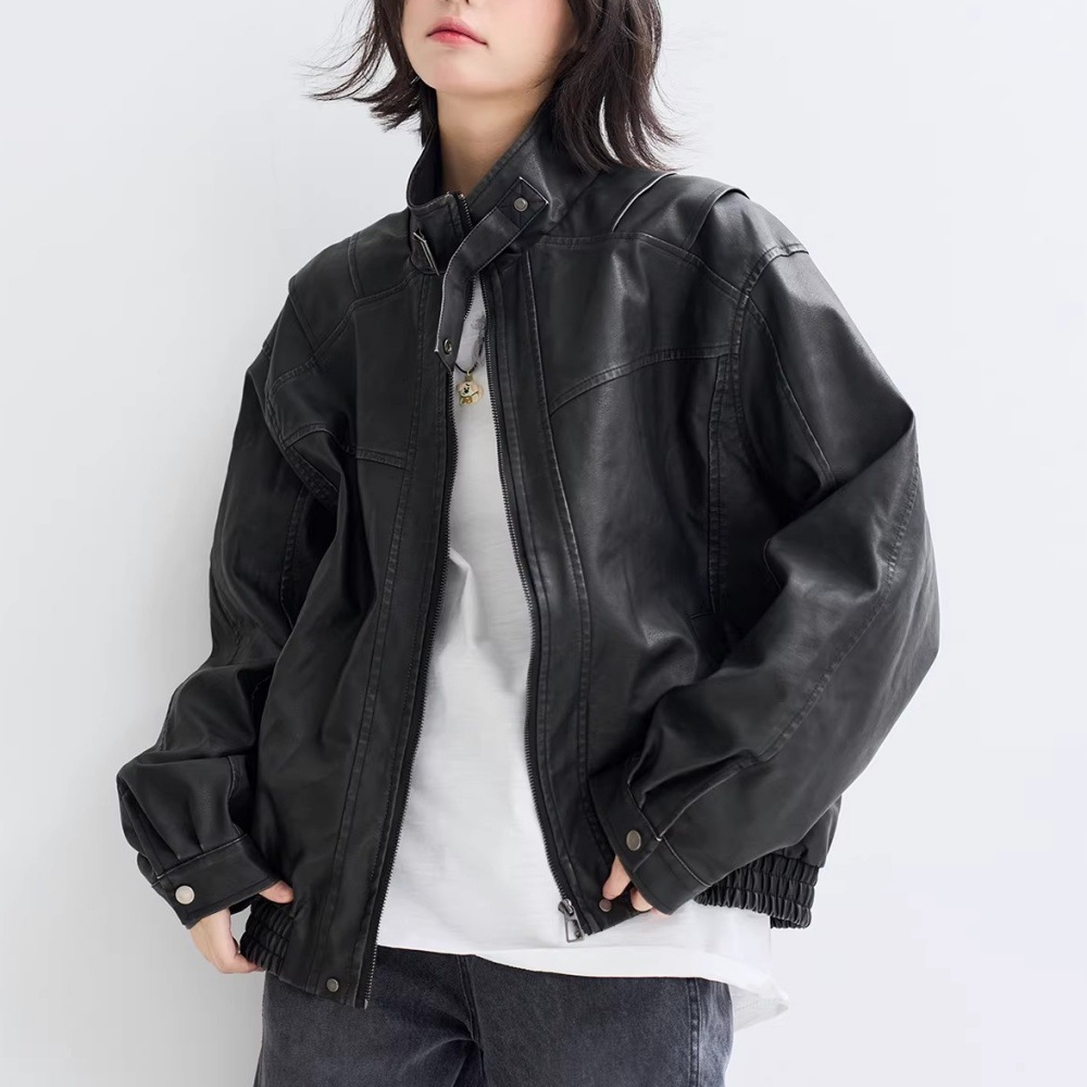 American retro stand-up collar motorcycle jacket, PU leather coat, unisex, spring and autumn, niche design, loose fit, versatile, trendy.