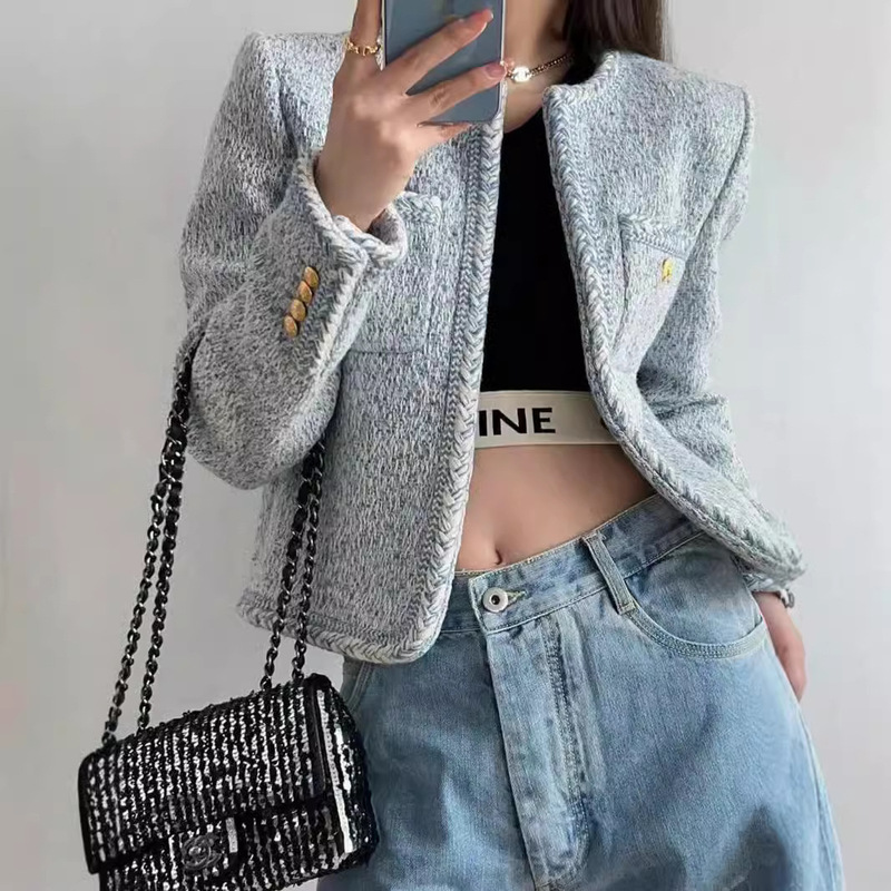 Fashionable Intellectuals Commuter Wear Glacier Blue Woolen Coat Women's Autumn Fashion Age-reducing Tweed Cardigan